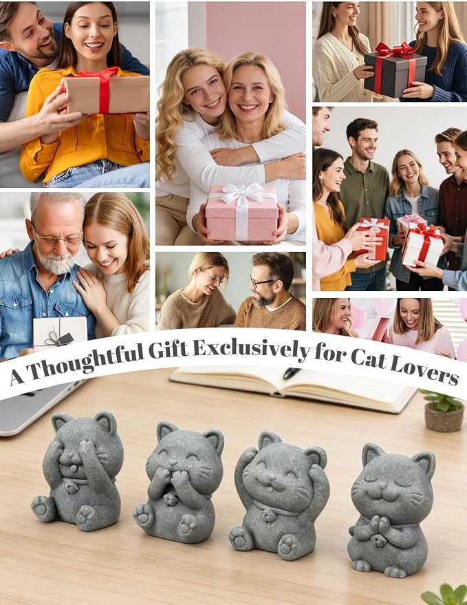 4 Piece Cute Cat Figurine Set, Sandstone See no Evil,Hear no Evil,Speak no Evil,Do no Evil Statues, Zen Desk/Garden Decor, Adorable Kitty Accents for Home Office