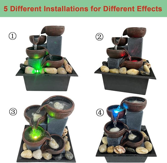 Small Tabletop Waterfall Fountain Zen Meditation Fountain Indoor Desktop Water Fountain with LED Light and Natural River Rocks for Office Home Bedroom