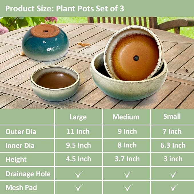 11 9 7 Inch Succulent Pot with Drainage and Mesh Pads Large Round Ceramic Plant Pot for Indoor Outdoor Plants Succulent Planter Cactus Bonsai Pot Container Set of 3 (White Green)