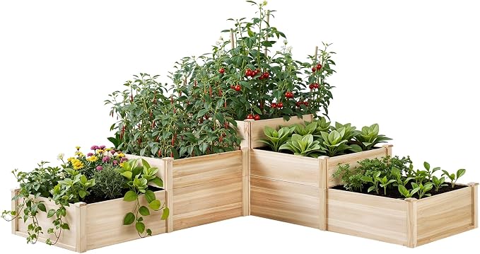 SPECRAFT 3-Tier Raised Garden Bed, Adjustable Fir Wood Outdoor Planter Box with Dividers, Tool-Free Assembly for Vegetables, Herbs, Flowers, 28 Inch Depth
