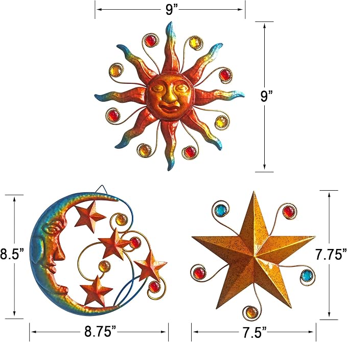 Limygus Set of 3 Celestial Sun Moon Star Metal Silhouette Wall Art, Waterproof Hanging Decor for Home Bedroom Bathroom Office