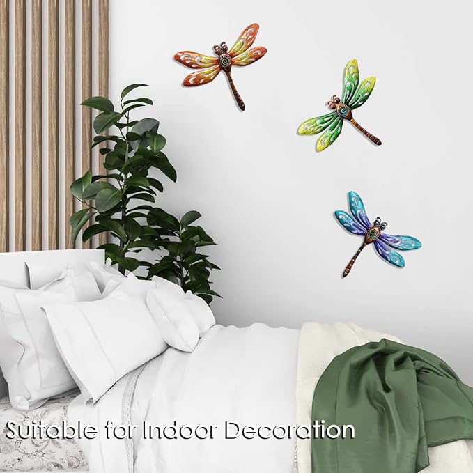 Metal Dragonfly Wall Art, Metal Indoor Outdoor Fence Wall Decor | BVLFOOK Wall Art for Living Room Bedroom, 9 Inch 3 Pack, Hand-made Vibrant Ornament Sculpture for Patio Balcony