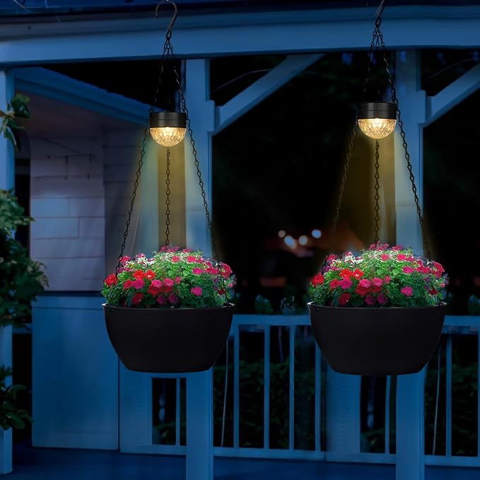 SUNNYPARK 2 Pack Solar Hanging Planters for Plants Outdoor | Self Watering, Black Flower Pots with Solar Light, Hanging Garden Planters with Drainer for Balcony Patio Outdoor Decor