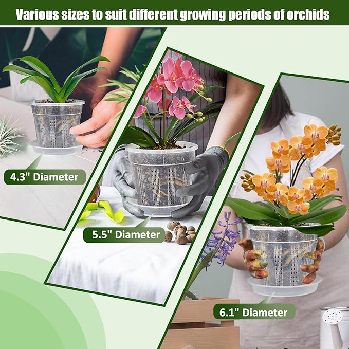 Orchid Pot with Saucers, 6 Pack Orchid Pots with Holes, 2 Each of 4.3",5.5",6.1" Clear Plastic Planter for Indoor Outdoor Plants (2 Each of 4.3,5.5",6.1" with Saucers)