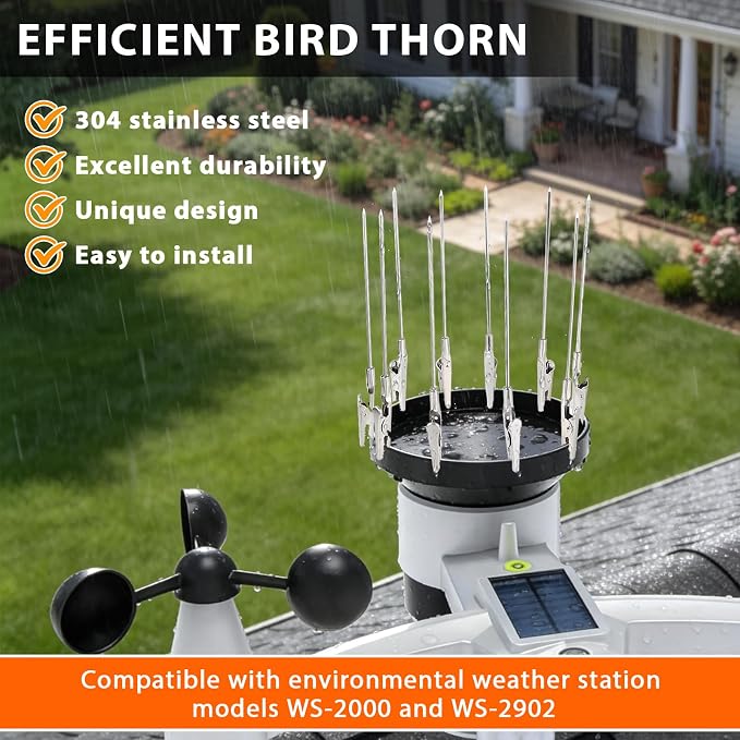 Bird Spikes for Weather Stations 304 Stainless Steel Fits Ambient Weather WS-2000, WS-2902 & WS-5000, 10Pcs Adjustable Bird Spike Kit for Gauge Rain Funnel Protection