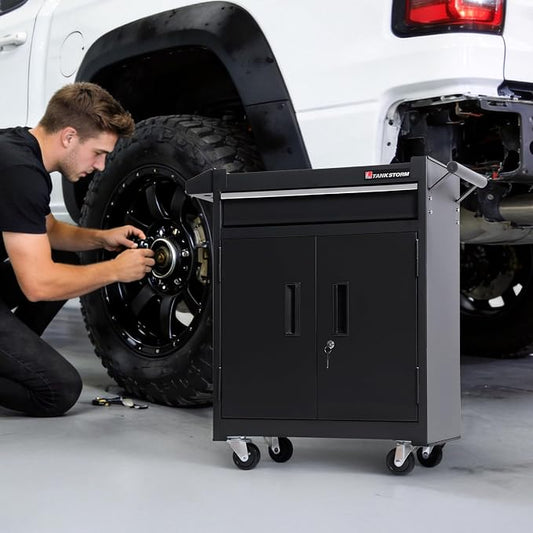 1 Drawer Tool Chest Heavy Duty Cart Steel Rolling Tool Box with Lockable Doors (TZ8 Black)