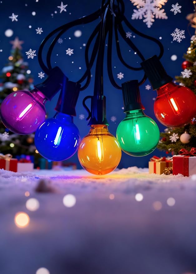 G40 LED Outdoor Christmas String Lights, 25FT Hanging Globe String Light | 25+2 Shatterproof Frosted Multicolor Lights, Connectable, Waterproof Patio Lights for Balcony Pergola Decor, Green Wire