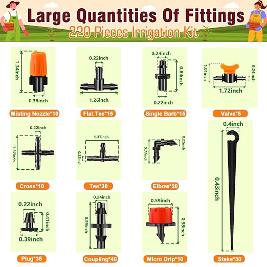 220-Piece Drip Irrigation Fittings Kit for 1/4" Tubing, Complete Set of Drip Barbed Connectors (Nozzle, Micro Dripper, Nozzle Tee, Single Barb, Coupling, Tee, Elbow, Valve, Plug, Cross, Stake)