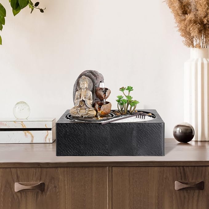 Dyna-Living Indoor Water Fountains Tabletop Water Fountain with Warm Light | Zen Water Fountain Buddha Waterfall for Relaxation, Desk Zen Waterfall Feature for Home & Office Feng Shui Decor, Quiet Pump