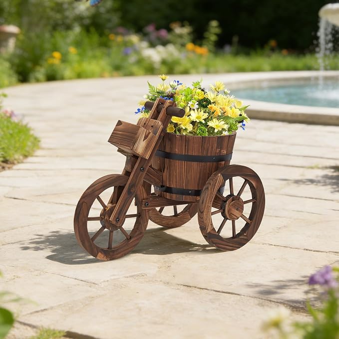 kinbor Outdoor Planters - Rustic Barrel Planter, Wooden Wagon Tricycle Planters for Outdoor Plants