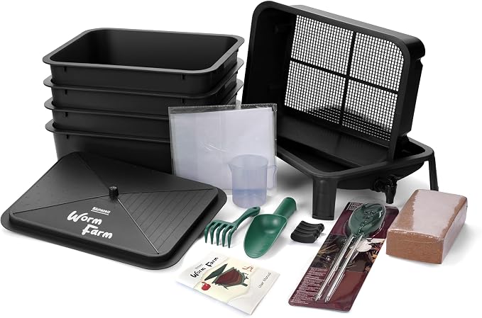 Blütezeit 5-Tray Worm Composter, 53QT Worm Compost Bin Indoor & Outdoor, Worm Farm Kit for Vermicomposting Starter, Recycling Food Waste (Black)
