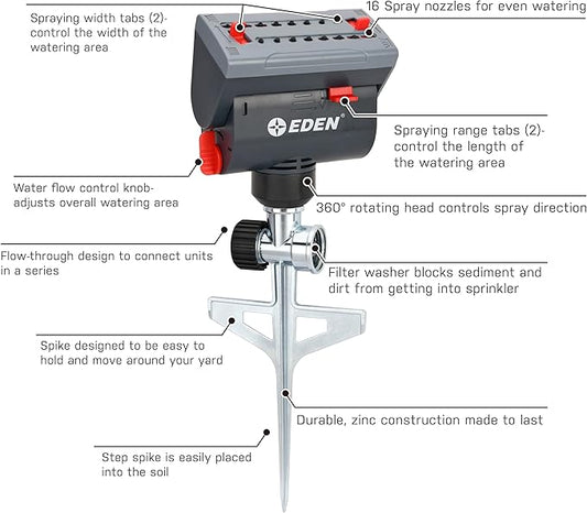 Eden 94145 4-Way Adjustable Mini Turbo Oscillating Sprinkler with Step Spike Gear Drive, Heavy Duty, Gardening Watering System, Lawn & Garden, Coverage up to 4069sq.ft