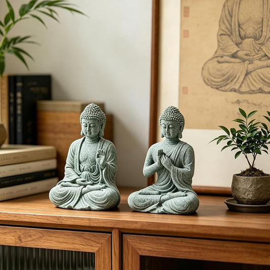 VIKKSAER 2Pcs Sandstone Buddha Statue Decorations for Asian Garden Underwater Landscaping Home Zen Decor, Small Meditating Sandstone Buddha Statues, Gifts for Friends, Family as Home Decorations