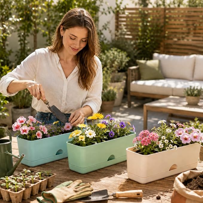 6 Pack Rectangle Planter 16 Inch Window Boxes Planters Rectangular Window Sill Planters Indoor Self Watering Plant Pots with Drainage Holes and Saucers Succulent Herb Flower Pots, Macaron Color