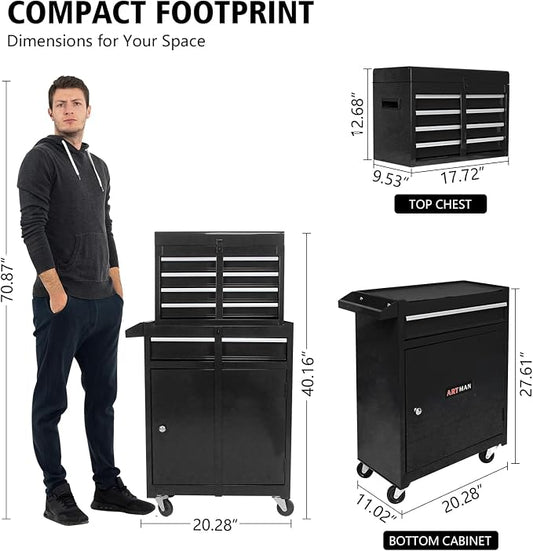 5-Drawer Tool Chest, Detachable Top Box for Garage, Black | Rolling Mobile Storage Cabinet Organizer with Lockable Wheels for Workshop Utility, Heavy Duty Metal Construction