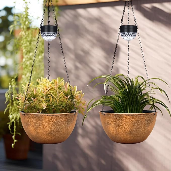 BAYN 2 Packs Solar Hanging Basket Planters for Plants Outdoor | Self Watering, Bronze Flower Pots with Solar Light , Hanging Planters with Drainer for Balcony Patio Garden Decoration