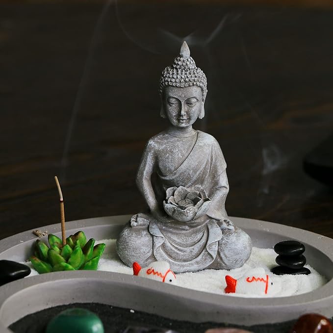 BangBangDa Mini Zen Garden Kit for-Desk - Yin Yang Crystal Sand Rock Garden with Zen Rake Buddha Statue Healing Stones White Sand, Japanese Meditation Gift Set for Home Office Desktop Fidget Toys