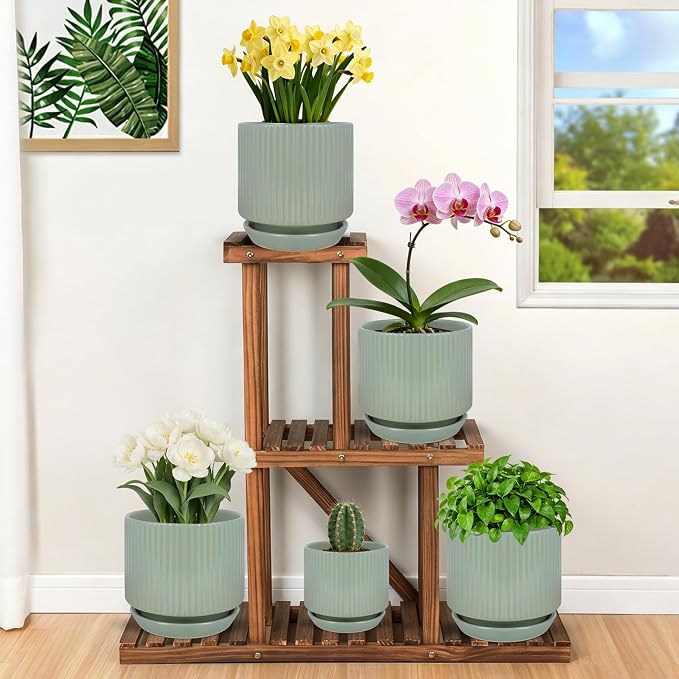 Ceramic-5-inch-Flower-Pots-with-Saucer, Small Planters for Indoor Plants with Drainage Hole, White Textured Vertical Stripe Plant Pots for Home Decor, Garden Pot For Succulent Cactus Mint Basil Herb