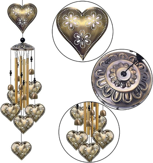 Garden Loving Heart Wind Chimes Outdoor Indoor Decor - with 4 Tubes 6 Bells 7 Hearts Mobile Romantic Wind Catcher, Heart Shaped Windchimes for Home, Mom Gifts, Balcony, Festival, Garden Decoration
