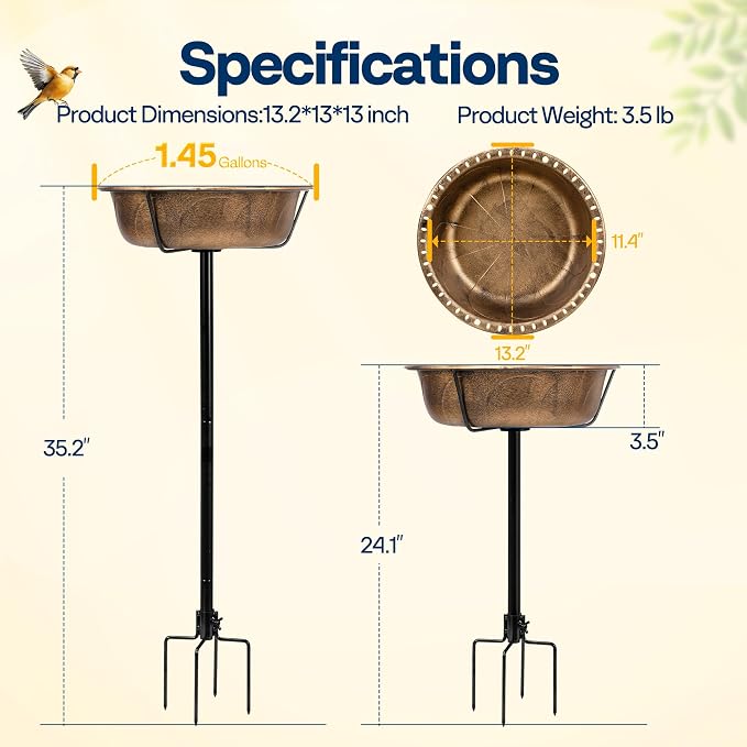 VIVOHOME Bird Bath for Outside, Outdoor 13'' Birdbath Bowl with Metal Ground Stake, Weather-Resistant ABS Bird Bath and Feeder for Garden, 1.45 Gallons, Copper