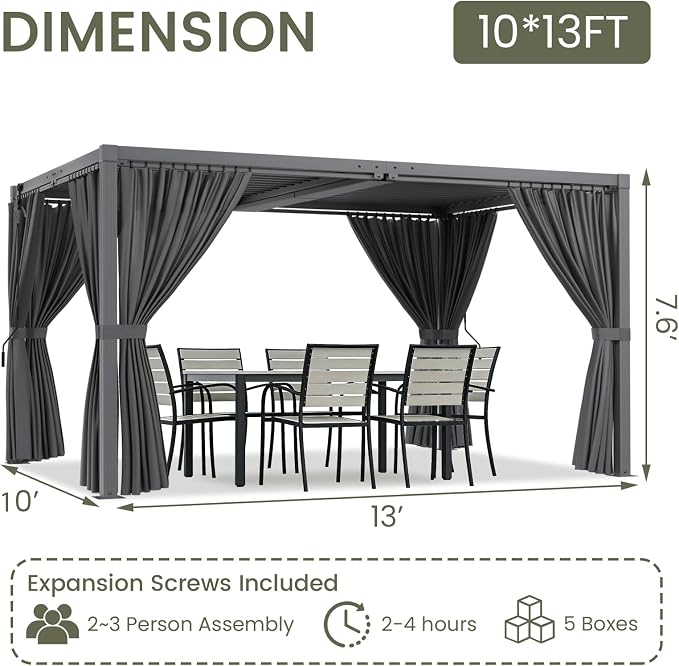 Louvered Pergola 10'x13' Outdoor Pergola with Roof, Heavy Duty Aluminum Frame & Waterproof Curtains, Hardtop Gazebo with Adjustable Louvers for Patio, Deck and Backyard, Gray