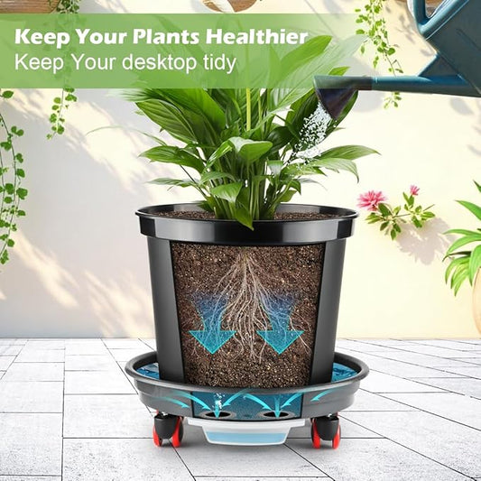 RooTrimmer 3 Pack 16 Inch Large Plant Pots with Rolling Saucers & Drainage Holes,Heavy Duty Plastic Planters for Indoor Outdoor Plants,Large Flower Pots with Wheels for Tall Plants(Black)
