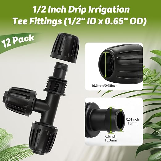 12 Pack 1/2 Inch Drip Irrigation Tee Fittings (1/2" ID x 0.6-0.65" OD), 1/2'' Dripline Barbed Tee Connectors with Anti-Drop Lock Nuts for Garden Lawn Irrigation System Connection