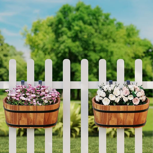 2-Pack Wooden Railing Planters, 13.2 inch Hanging Flower Pots with Detachable Hooks for Balcony, Fence, Deck, Garden, Country Home Decor -Brown