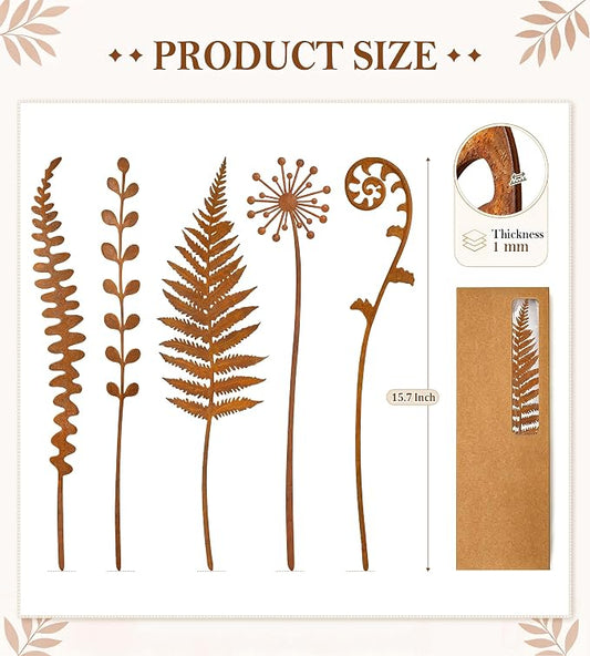 VIS'V Decorative Garden Stakes, Metal Fern Plant Yard Art Stakes, 5 Pcs | 15.7 In Length, Pre-rusted Finish, Rusty Art Decor for Outdoor Indoor