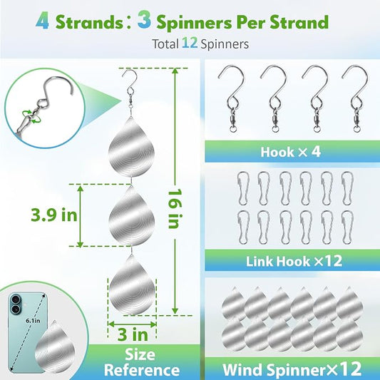 Bird Deterrents for Outside, 12 Discs Stainless Steel 3D Wind Spinners Garden Decor, 4 Sets Reflective Bird Scare Devices to Keep Woodpeckers, Pigeons Away from Patio, Balcony, Porch, Deck