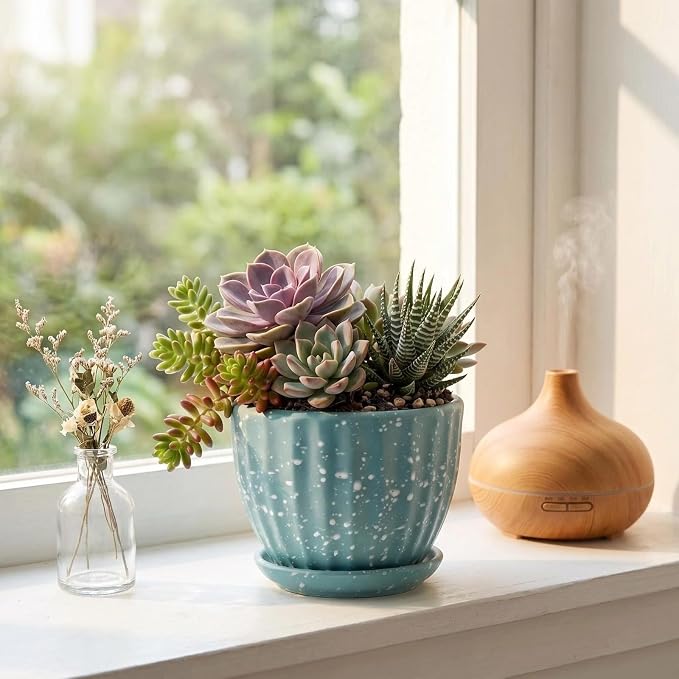 4 Inch Ceramic Indoor Succulent Plant Pots with Drainage Holes and Saucers, Bonsai Planter for Succulent, Cactus, Small Flowers (Green)