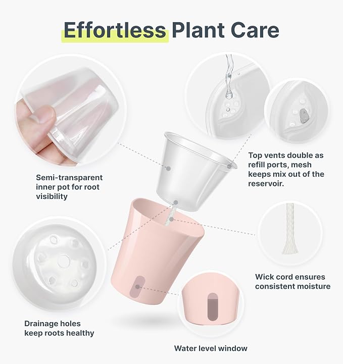 10 Pack 3" Self Watering Pots for Indoor Plants, Clear Inner Cup, Small Pink Plastic Planters, Water Level Indicator, Drainage Holes, Extra 3ft Wick, Cuttings,Seedlings,Herb,African Violet