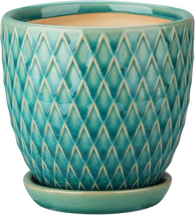 Oairse 4 inches Ceramic Planters Pots for Indoor Plants 3 Set of Small Round Flower Pots with Drainage Hole and Ceramic Tray Modern Planters Set for Succulents Cactus Garden Home Windowsill Table