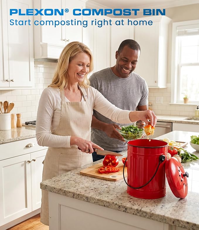 Plexon Countertop Compost Bin Kitchen with Lid, Red 1.5 Gallon Odorless Compost Container, Steel Food Compost Bucket for Kitchen with Charcoal Filter, Pail for Countertop