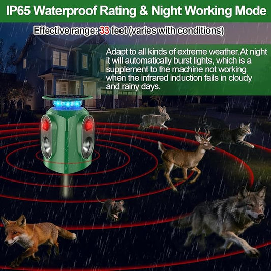 Ultrasonic Animal Repeller Outdoor - Cat Repellent Outdoor & Deer Deterrent with PIR Sensor, Solar Powered for 360° Protection Against Cats, Deer, Squirrels, Raccoons, Rabbits in Garden, Yard, Farm