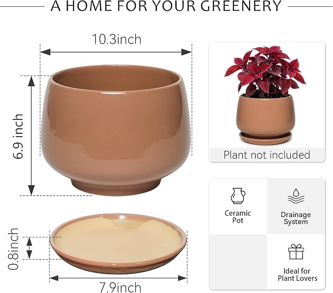 10.3 Inch Ceramic Planter with Saucer,Modern Garden Pots with Drainage Hole Mesh Net, for Indoor Outdoor Use (Reddish Brown)