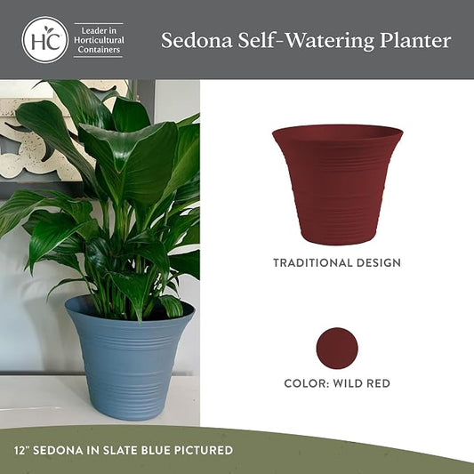 The HC Companies 16 Inch Sedona Round Self Watering Planter Pots, Lightweight UV-Resistant Plastic Indoor & Outdoor Planters, 2-Pack Flower Pots for Garden & Home Decor, Wild Red