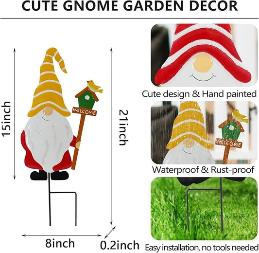 Garden Gnomes Decorative Stakes, 3-Piece Metal Silhouette Elf Decor | Outdoor Iron Yard Silhouettes Set, Waterproof Weather Resistant Elf Lawn Ornaments for Patio Porch Wall Decoration