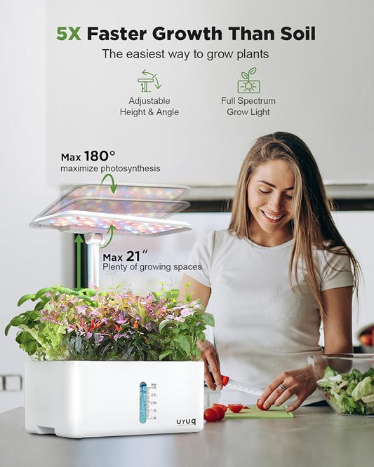 URUQ 8 Pods Hydroponics Growing System with LED Grow Light - White | Quiet Water Pump, Automatic Timer, Adjustable Height for Fresh Herbs, Vegetables, Indoor Gardening, Gifts for Plant Lovers