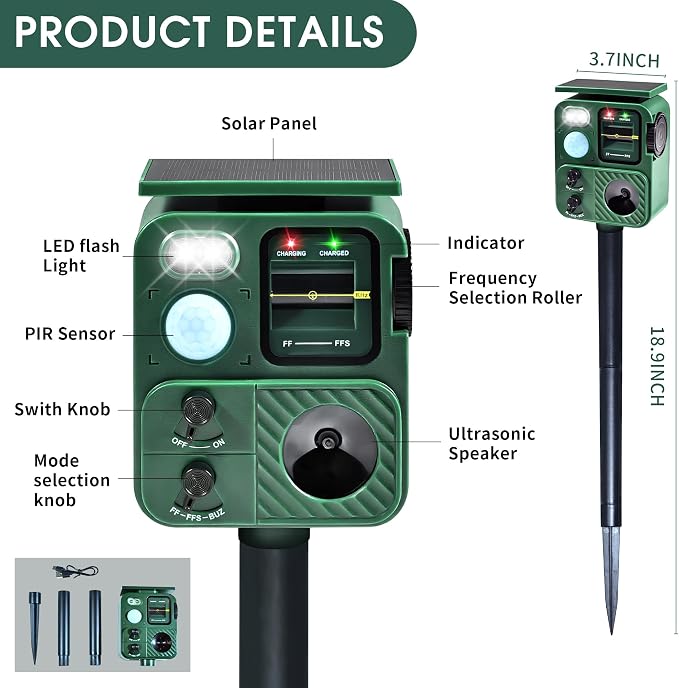 Outdoor Ultrasonic Animal Repeller, Deer Repeller with Solar-Powered, Motion-Activated Deterrent – Repellent for Cats, Dogs, Deer, Squirrels & Raccoons for Garden and Yard