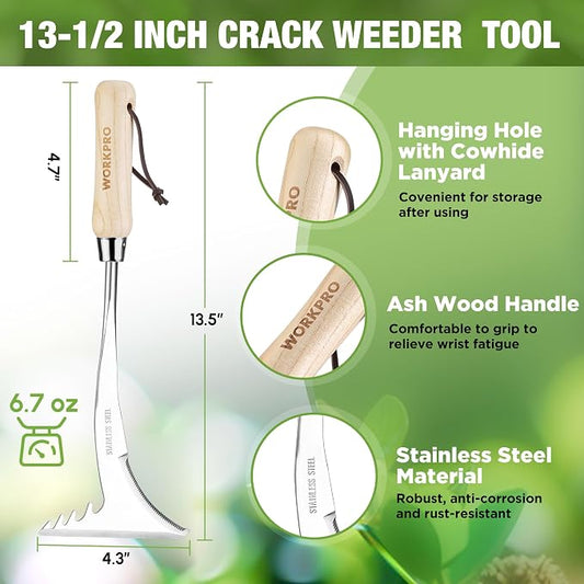 WORKPRO Crack Weeder, 13.5" Stainless Steel Weeding Tool, Wooden Handle | L-Shaped Side-Walk Weed Puller Spatula, for Garden Lawn Yard Patio Terrace Paving Garden Tool