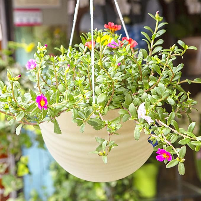 7 Pack 8 Inch Plastic Self-Watering Hanging Planters,Colorful Garden Flower Plant Pot Container Baskets with Drainer Chain for Indoor Outdoor Use,7 Colors