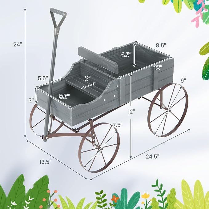 HAPPYGRILL Wooden Wagon Planter, 24.5” x 13.5” x 24” Decorative Garden Planter w/ 2 Planting Sections, Wheels, Handle, Small Decorated Cart, Flower Planter Box for Indoor Outdoor Patio (Grey)