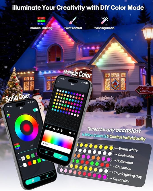 Permanent Outdoor Lights, 150FT with 90 RGBIC LED Lights, 50 Scene Modes, App & Voice Control, Cuttable, Accent & Year‑Round Eave Lighting, Outdoor Eave Lights for Christmas Holiday Patio Yard Decor