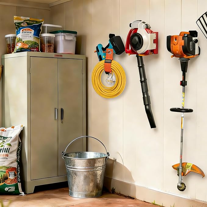 Heavy Duty Garden Power Tool Hanger, Garage Storage Utility Hooks with Storage Straps, Electric Tool Hooks, String Trimmer Hangers, Garden Tool Organizer, Weedeater Rack (4, Orange)