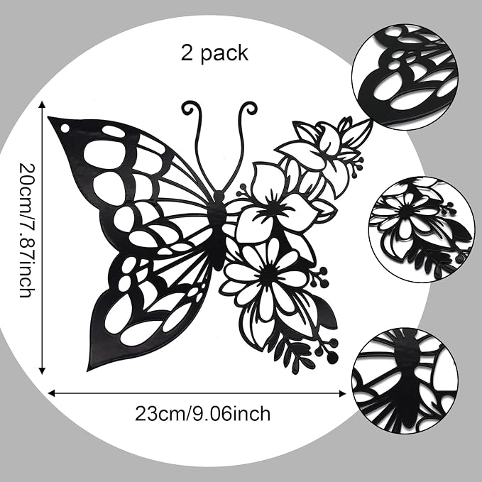 EZ4ENCE 2pcs Butterfly Decoration Boho Wall Art Hanging Appearance Metal Hanging Butterfly Decor Flower Wall Art for Bedroom Living Room Home, Black (Medium)