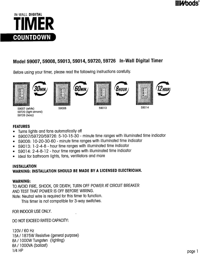 Southwire Woods In-Wall 12-Hour Digital Countdown Timer - Automatic Shut-Off Timer - LED Compatible Timekeeper - Energy-Efficient Wall-Mounted Timer - White