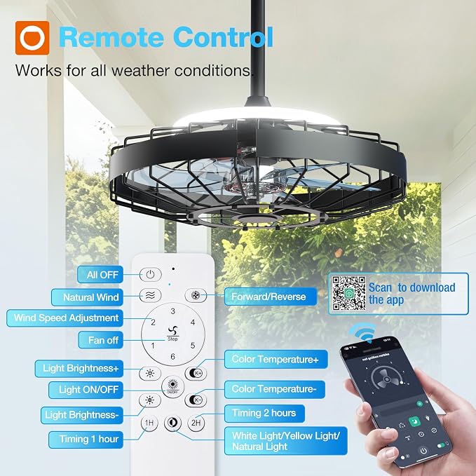 addlon 20 Inch Outdoor Ceiling Fan with Light for Patio, IP65 Waterproof Plug in Caged Hanging Fan, Remote Control, 3000-6000K Dimmable, 6 Speeds Reversible Outdoor Fan for Gazebo, Pergola, Porch
