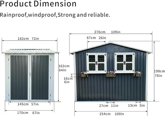 6x9 FT Outdoor Storage Shed with 2 Clear Openable Windows,Waterproof Metal Building Backyard Shed w/Windowsill & Garden Bed Flower Rack,Lockable Double Doors Tool Shed,for Yard,Coal Gray