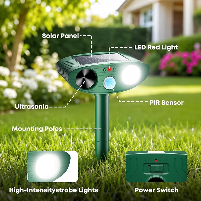 2026 Upgraded Solar Ultrasonic Animal Repeller Outdoor, Sonic Fortress Pro Deer Repellent with Motion, Waterproof,Cat Deterrent for Garden Yard, Squirrel Raccoon Skunk Rabbit Dog Bird (Green, 4-Pack)